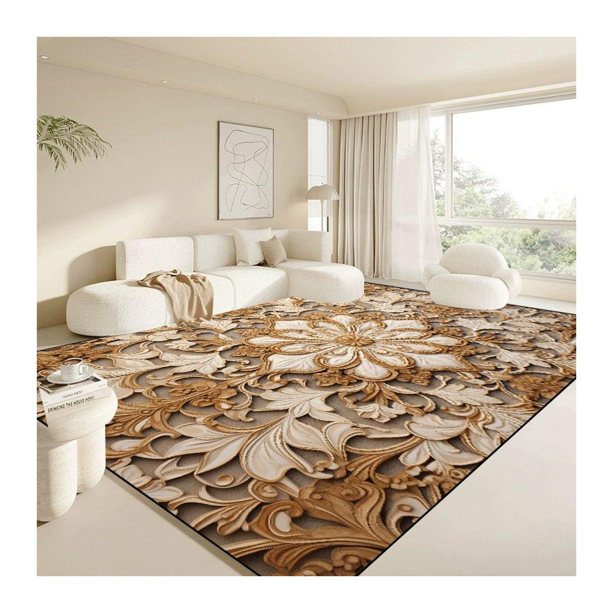 Karpetti Druckteppich Weiß mit Gold für Wohnzimmer und Schlafzimmer, weich und rutschfest, B/T: 200 x 300 cm oder 160 x 80 cm - Bild 1