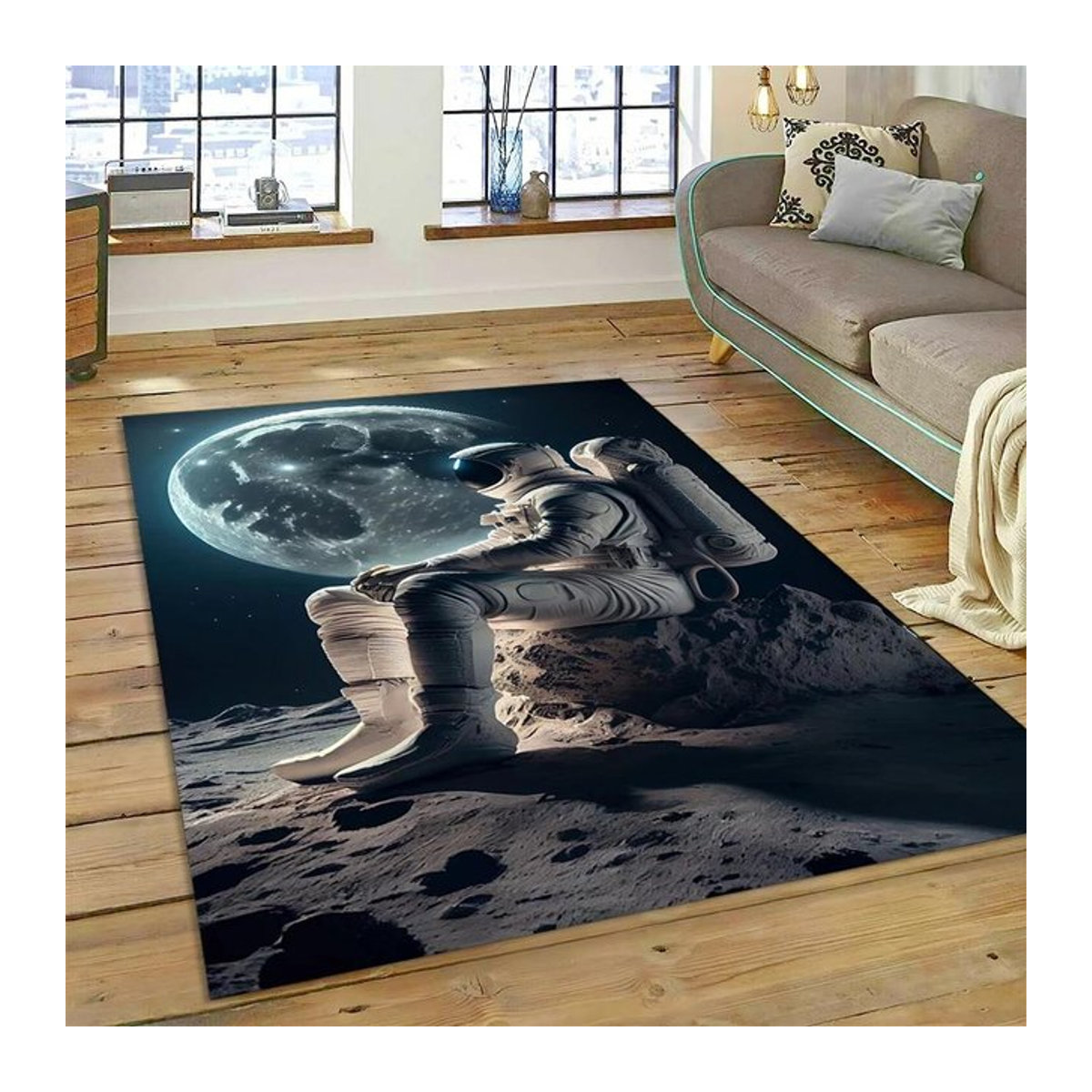 Karpetti Kinderteppich Weltraum Astronaut Cartoon Rutschfest für Wohnzimmer und Kinderzimmer B/B: 60 x 90 cm - Bild 1