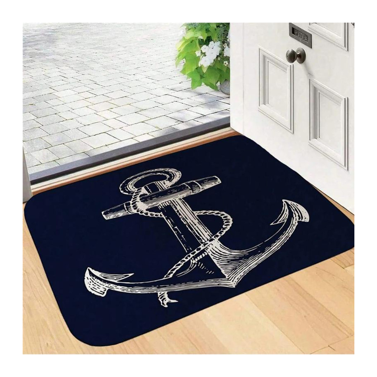 Karpetti Nautische Fußmatte mit Anker-Motiv in Weiß und Marineblau, rutschfest und waschbar, B/T: 60 x 40 cm - Bild 1