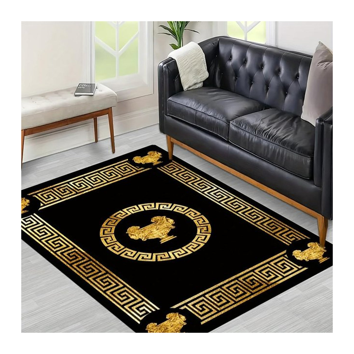 Karpetti Teppich aus Flanell im Ethno-Stil in Schwarz mit goldener Akzentuierung, rechteckig, B/T: 60 x 40 cm - Bild 1