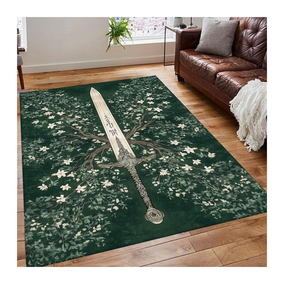Karpetti Teppich Fantasy Schwert Baum Rune Magie im gotischen Mittelalter-Stil, Grün, B: 90 cm, T: 60 cm - Bild 1