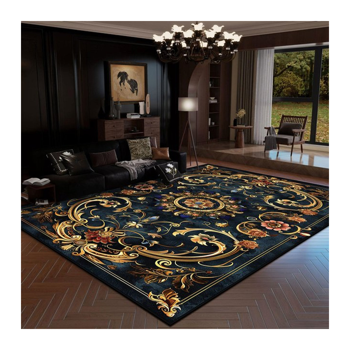 Karpetti Teppich im europäischen Stil mit Goldstreifen in Blau, rutschfest und weich, B/T: 160 x 80 cm - Bild 1