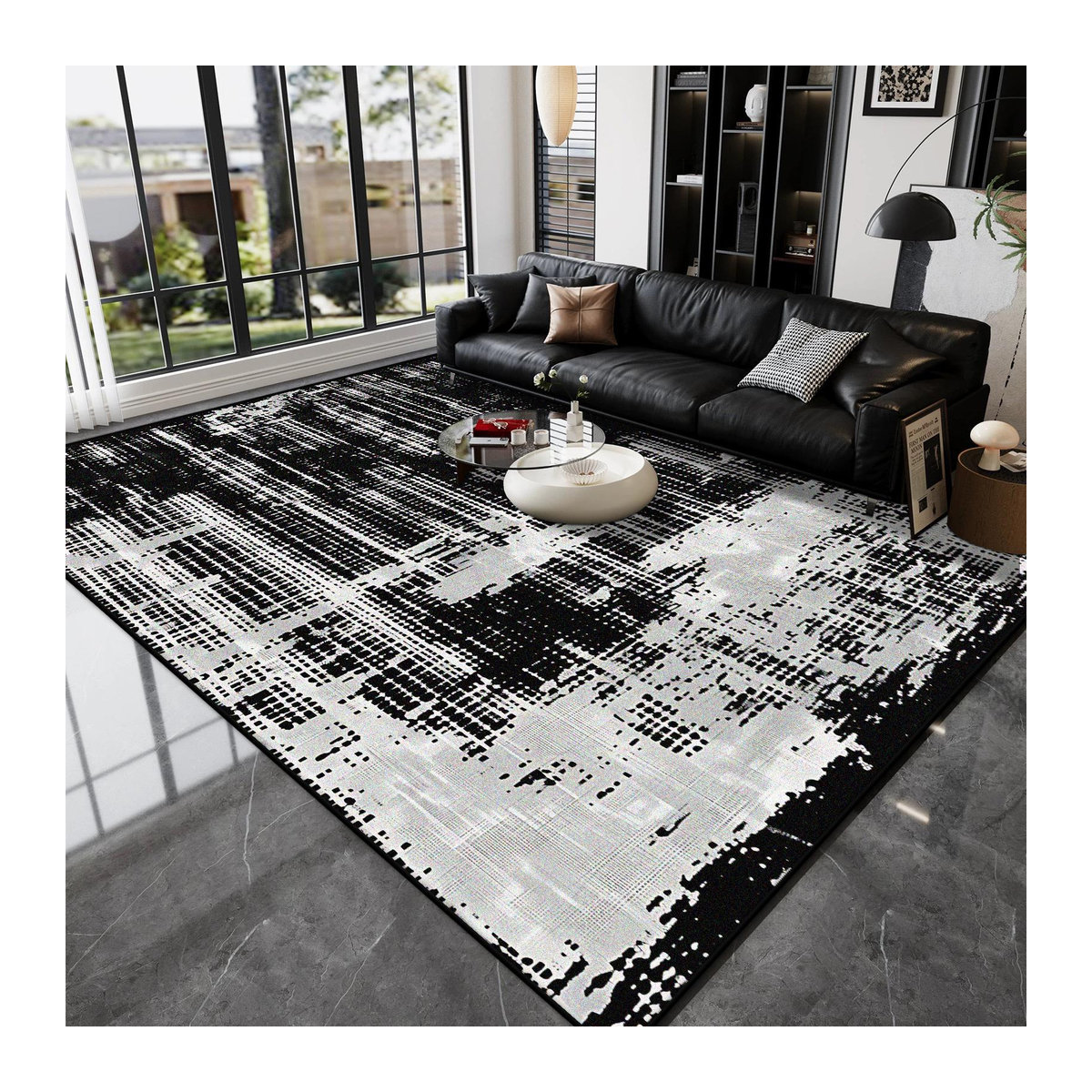 Karpetti Teppich mit abstraktem Kunstdesign in Schwarz Weiß, rutschfest und weich, B/B: 60 x 90 cm - Bild 1
