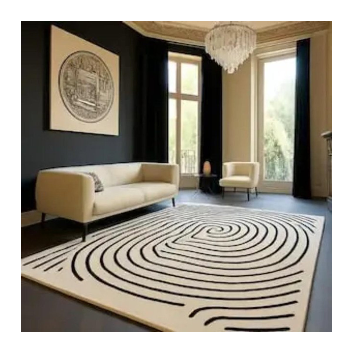 Karpetti Teppich mit abstraktem Linienkunst-Design in Schwarz-Weiß, Nordische Labyrinth Bodenmatte, B/T: 60 x 90 cm - Bild 1