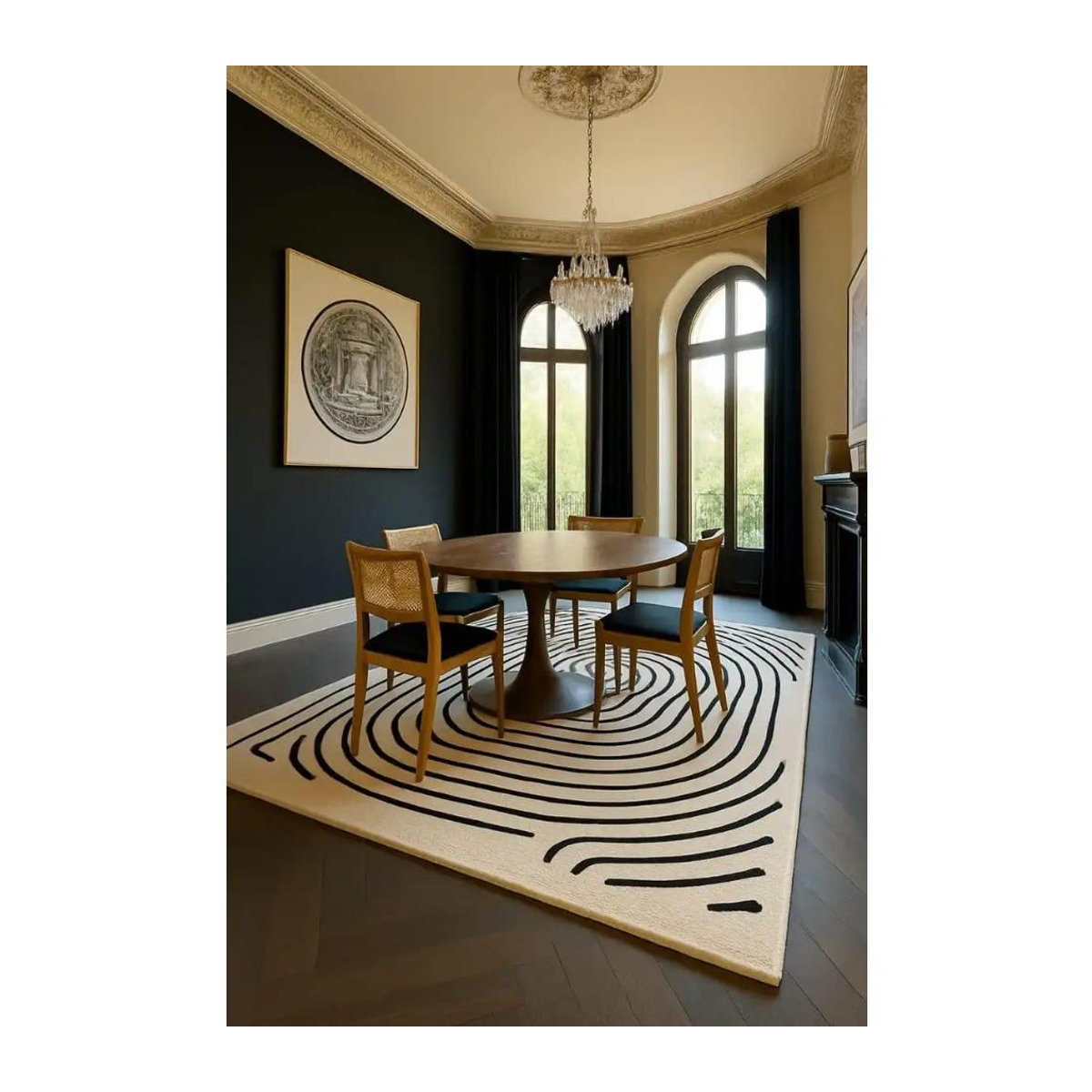 Karpetti Teppich mit abstraktem Linienkunst-Design in Schwarz-Weiß, Nordische Labyrinth Bodenmatte, B/T: 60 x 90 cm - Bild 2