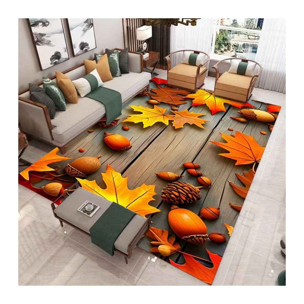 Karpetti Teppich mit Naturlandschaft Ahornblatt und Tannenzapfen, rutschfest, B/T: 60 x 40 cm - Bild 1