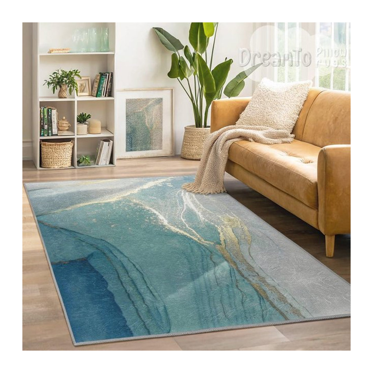Karpetti Teppich Türkis Ozean Marmor Abstrakt mit Goldgeäder B: 160 cm, T: 80 cm - Bild 1