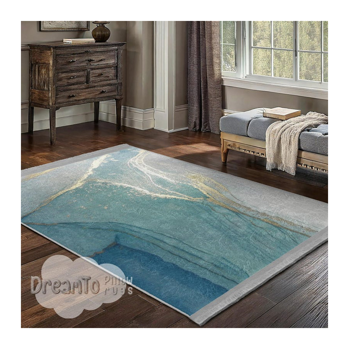 Karpetti Teppich Türkis Ozean Marmor Abstrakt mit Goldgeäder B: 160 cm, T: 80 cm - Bild 2