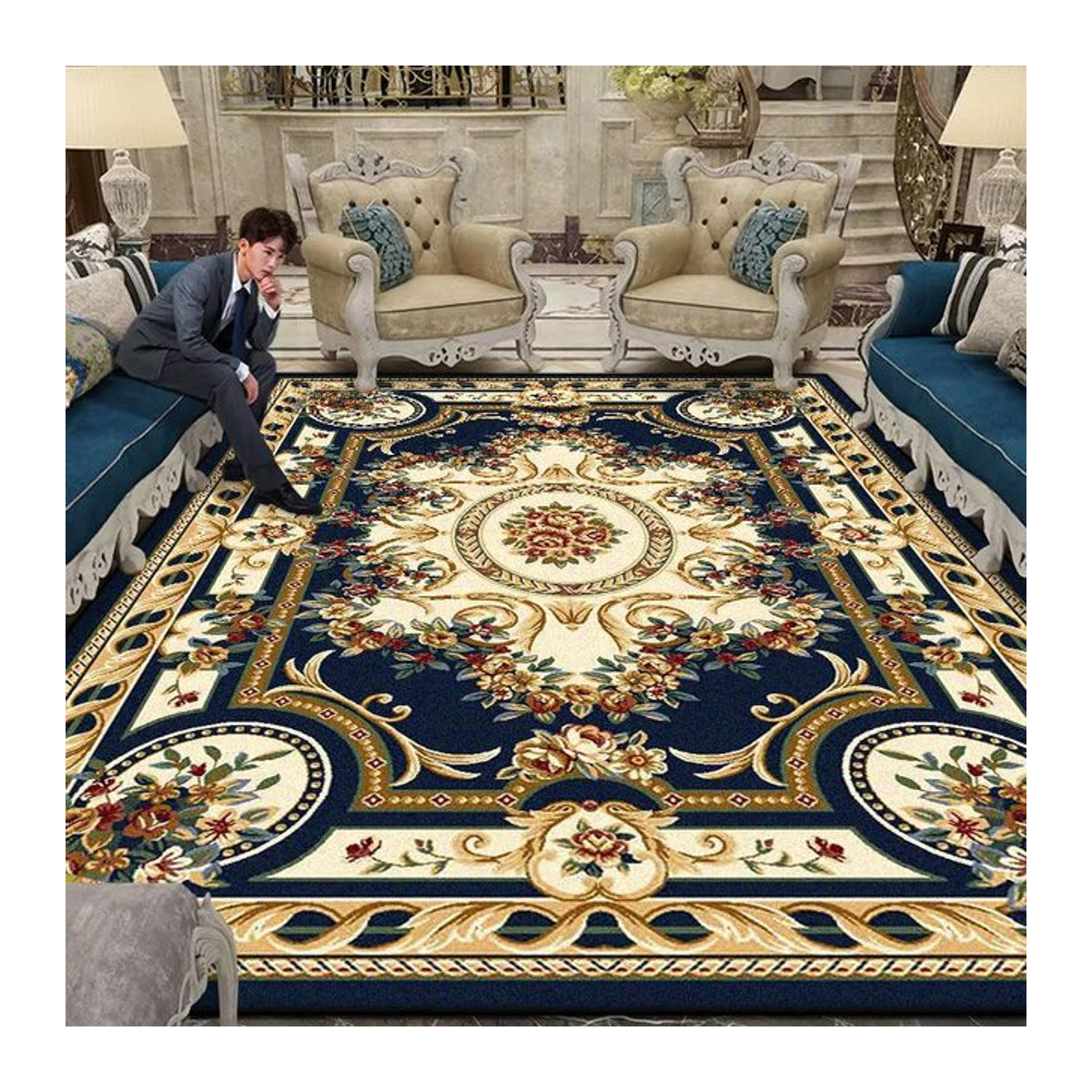 Karpetti Wohnzimmerteppich mit Blumendesign in Blau, weicher Flanell-Druckteppich, rutschfest und maschinenwaschbar, B/T: 60 x 90 cm - Bild 1