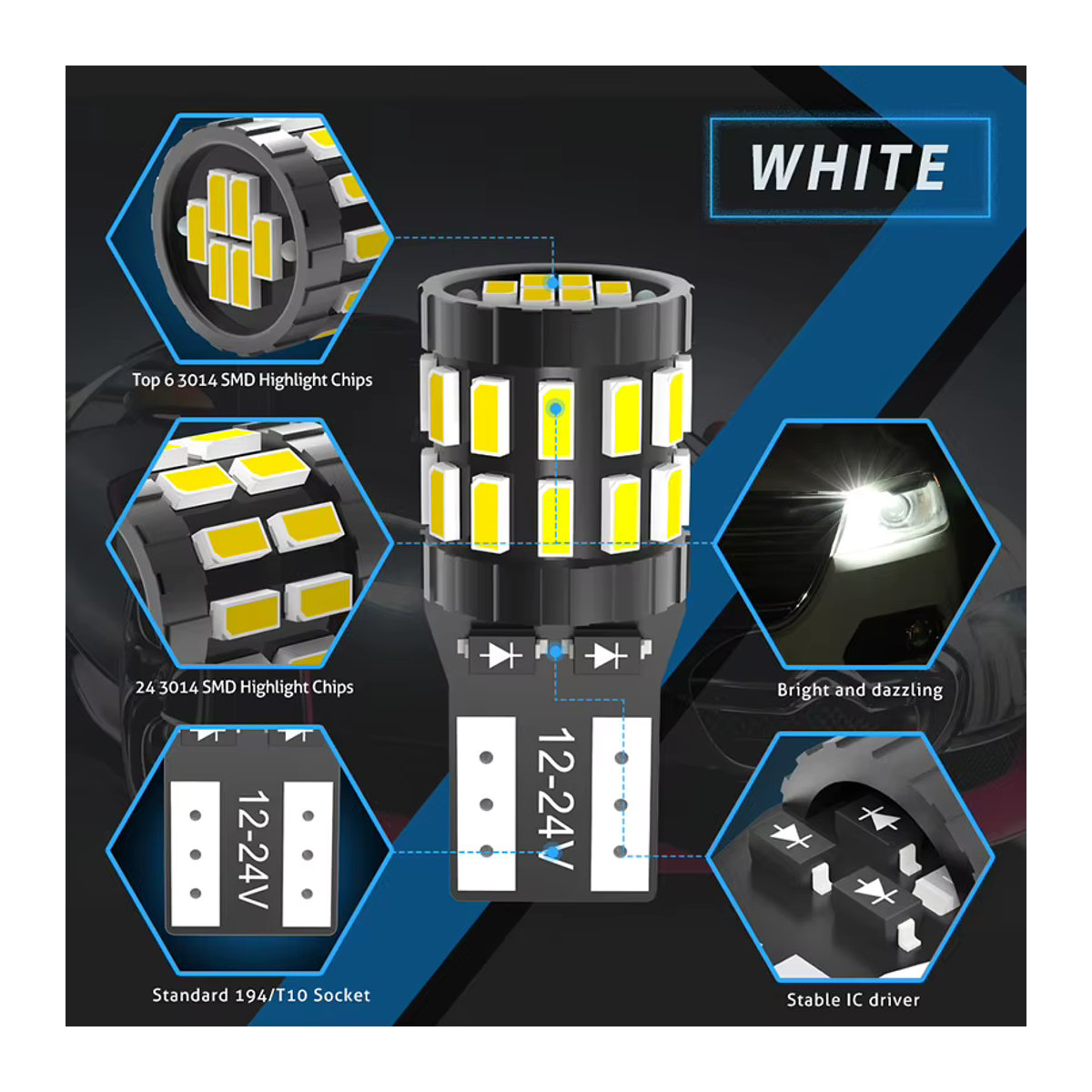 KaTur 2er Set T10 W5W LED Canbus Birnen 194 168 30SMD für Innenraum, Parkplatz und Dome Licht in Weiß, Blau, Rot oder Gelb - Bild 3