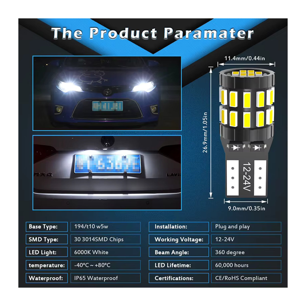KaTur 2er Set T10 W5W LED Canbus Birnen 194 168 30SMD für Innenraum, Parkplatz und Dome Licht in Weiß, Blau, Rot oder Gelb - Bild 5