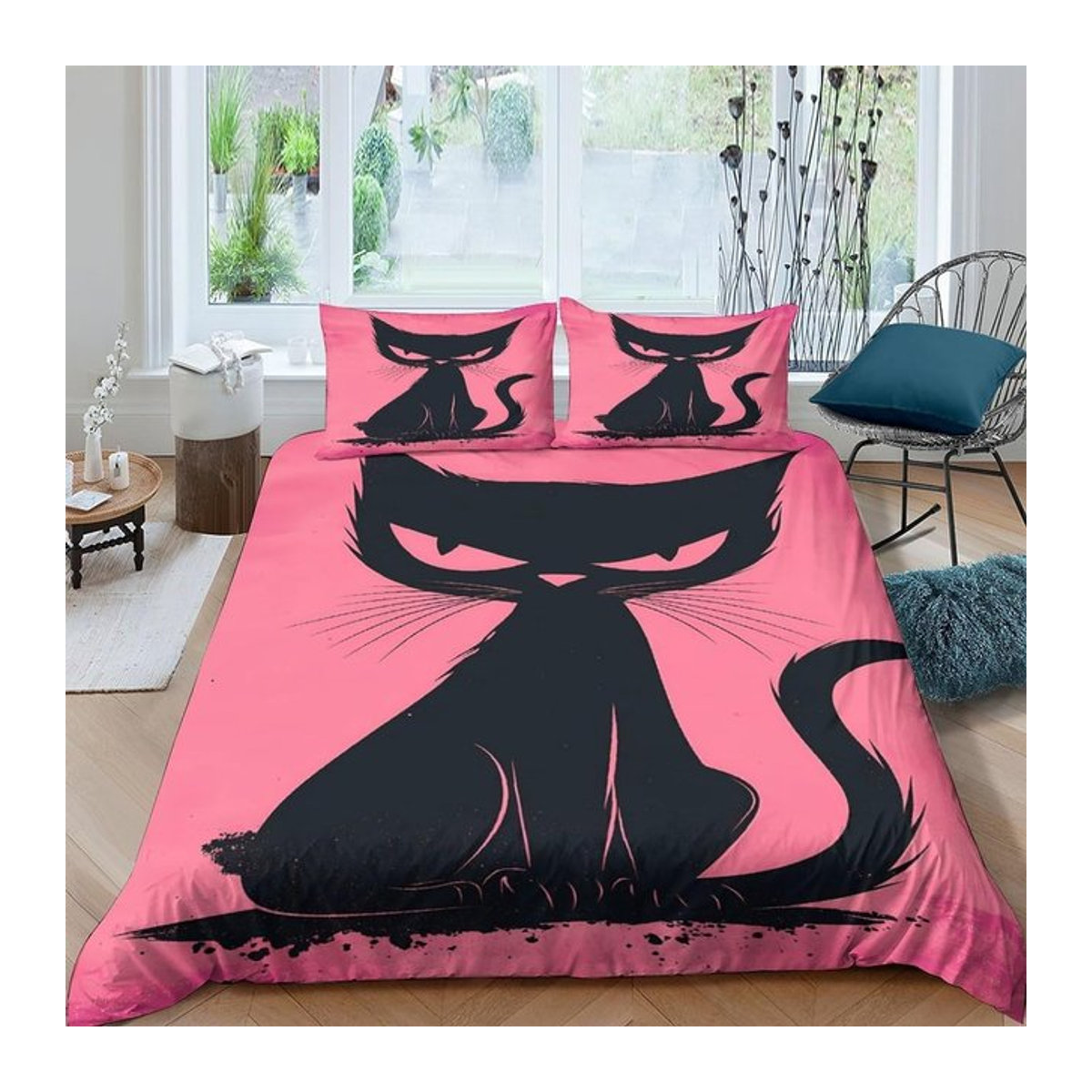 Katze 3D-Druck Bettwäsche-Set aus Mikrofaser mit Cartoon-Illustration, 1 Bettbezug und 2 Kissenbezüge mit Reißverschluss, B/H: 100 x 135 cm - Bild 1