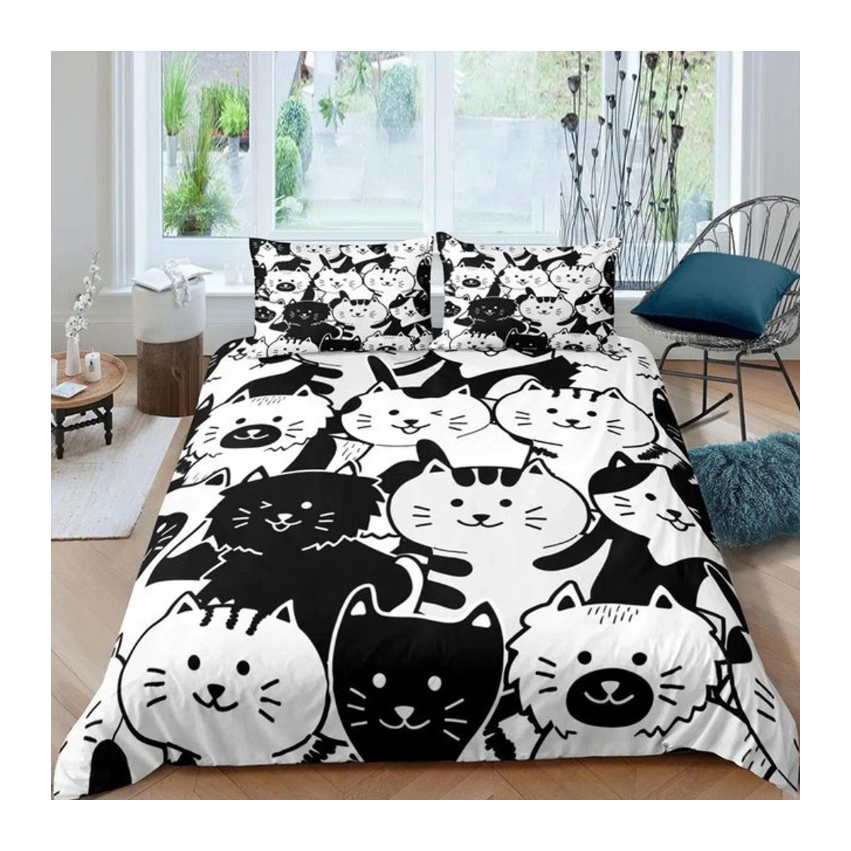 Katzen Bettwäscheset mit niedlichem Cartoon-Katzenmuster in Himmelblau und Weiß, 2-teiliges Polyester-Bettbezug-Set für Einzelbetten, Bezug Größe: 70 x 133 cm - Bild 1
