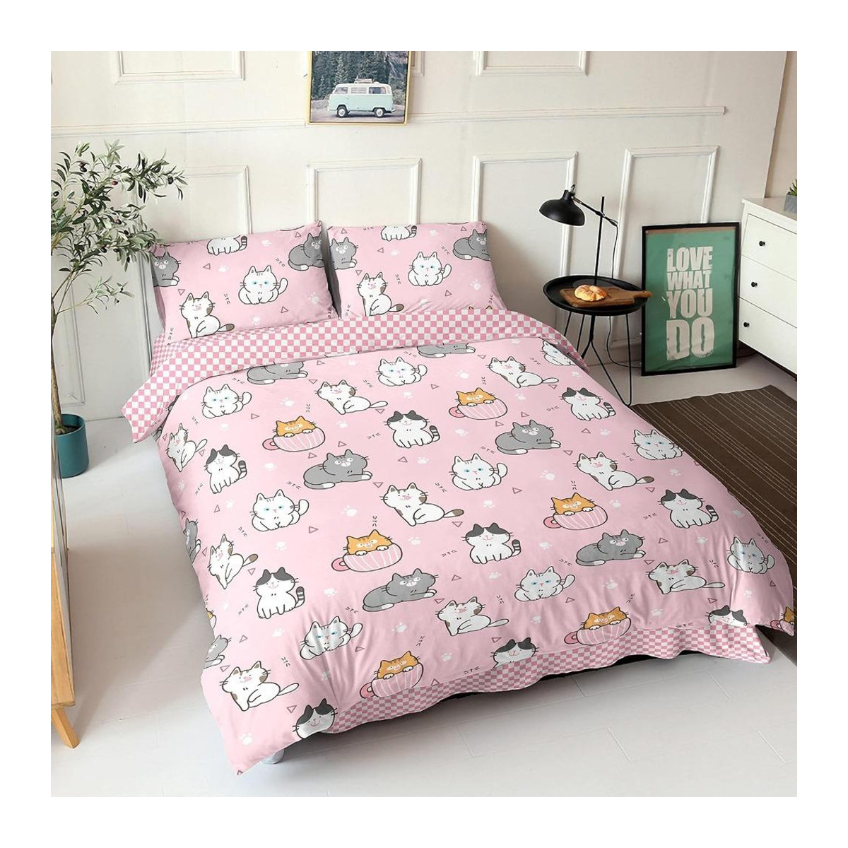 Katzenbettwäsche-Set von Binchi Fitness mit rosa Katzen-Checkmuster aus Mikrofaser, Bettbezug und Kissenbezug mit Reißverschluss, B/H: 90 x 200 cm - Bild 1
