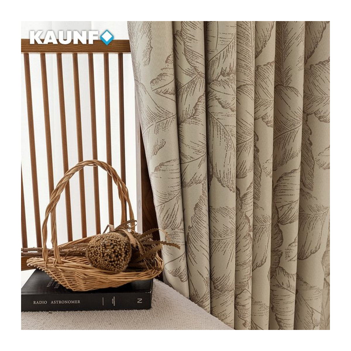 Kaunfo Verdunkelungsvorhang mit Blättermuster für Wohnzimmer und Schlafzimmer in Schwarz oder Beige - Bild 1