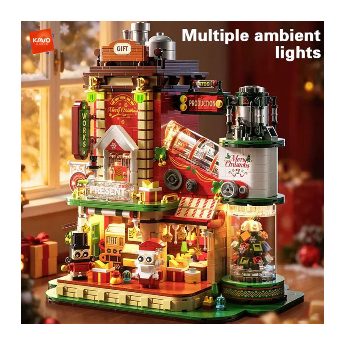 KAVOWORLD Weihnachtsmann-Werkstatt DIY Bausatz mit LED-Beleuchtung, mehrfarbiges Ziegelstein-Modell aus Kunststoff zur Weihnachtsdekoration - Bild 3