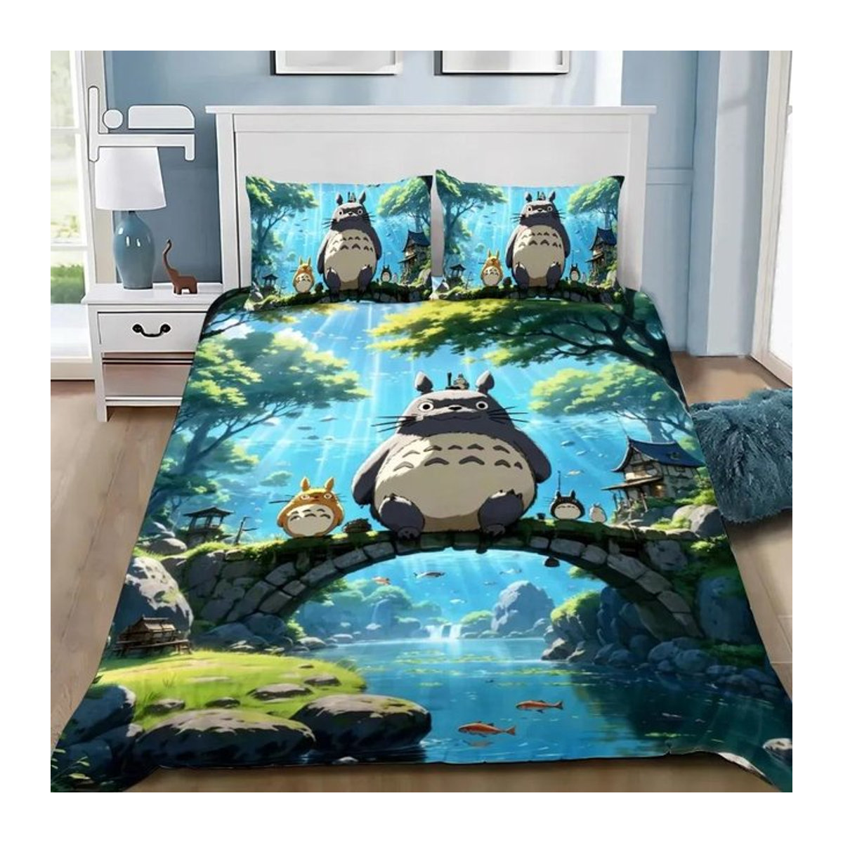 Kawaii Anime Bettwäscheset mit Bettbezug und Kissenbezügen im Totoro Design für Kinder und Erwachsene, Einzelbett, Breite: 135 cm, Länge: 200 cm - Bild 1