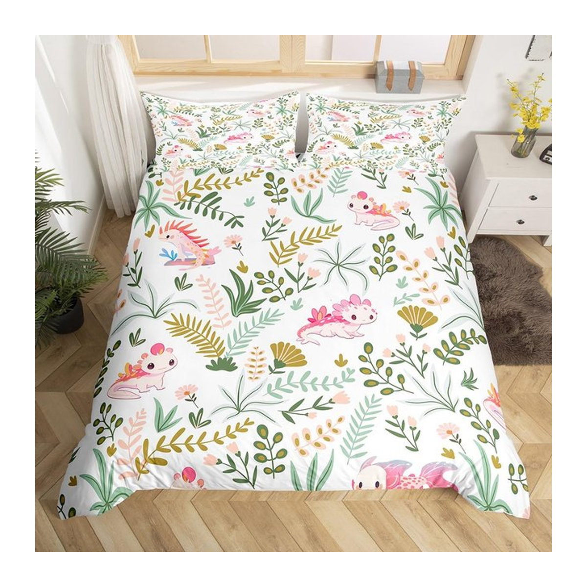 Kawaii Faultier Bettwäsche Set mit Wildtierdruck und floralem Boho-Design, Weiß, B/H: 135 x 200 cm - Bild 1