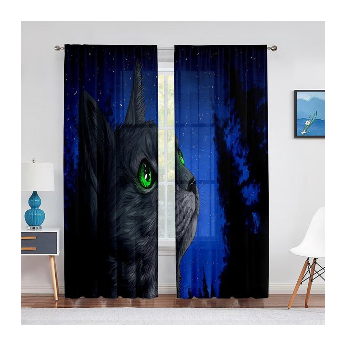 Kawaii Katzen Weltraum Tüllvorhang aus Chiffon für Schlafzimmer und Wohnzimmer, Breite: 100 cm, Höhe: 250 cm - Bild 1