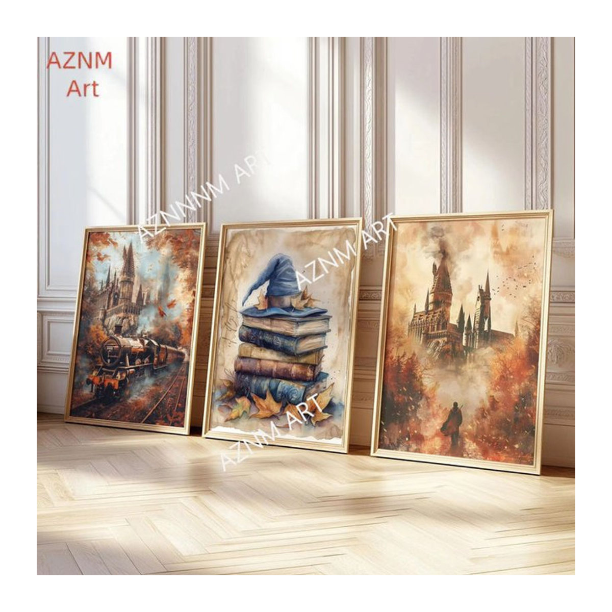 KAYOU 3-teiliges Herbst-Halloween-Zauberer-Poster-Set mit Magischem Schloss, Zug und Eule als mehrfarbige Wandkunst für Kinderzimmer und Fantasy-Dekoration - Bild 1