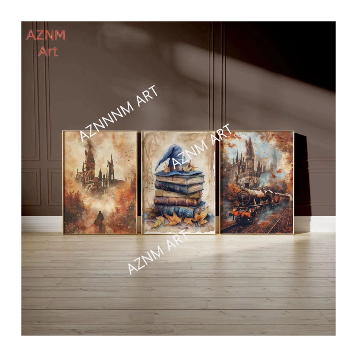 KAYOU 3-teiliges Herbst-Halloween-Zauberer-Poster-Set mit Magischem Schloss, Zug und Eule als mehrfarbige Wandkunst für Kinderzimmer und Fantasy-Dekoration - Bild 2