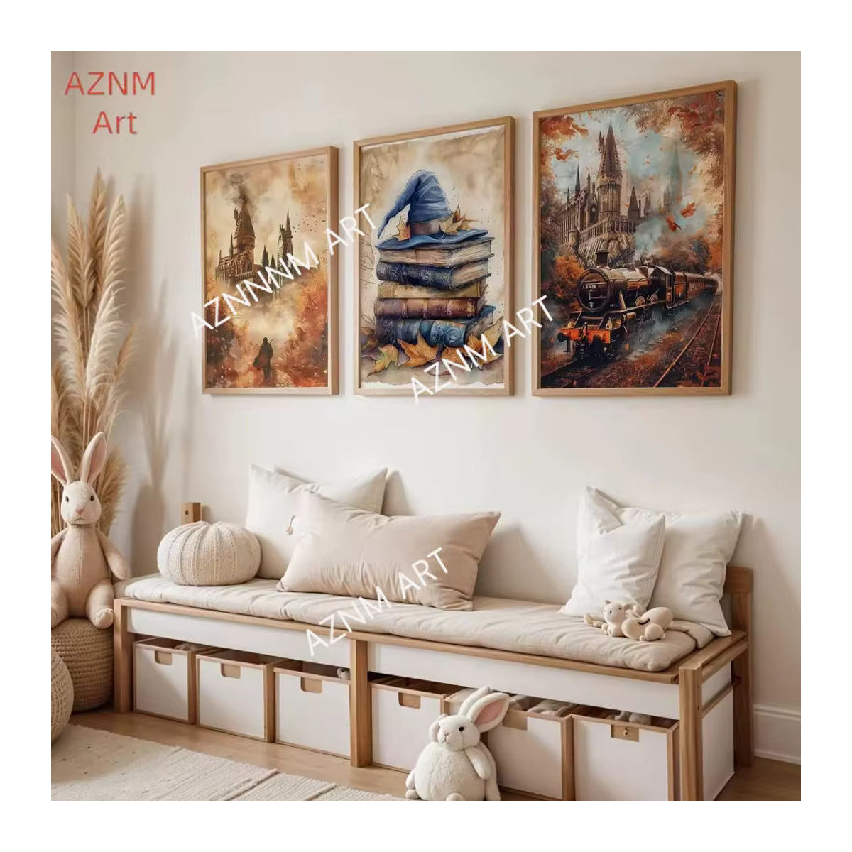 KAYOU 3-teiliges Herbst-Halloween-Zauberer-Poster-Set mit Magischem Schloss, Zug und Eule als mehrfarbige Wandkunst für Kinderzimmer und Fantasy-Dekoration - Bild 3