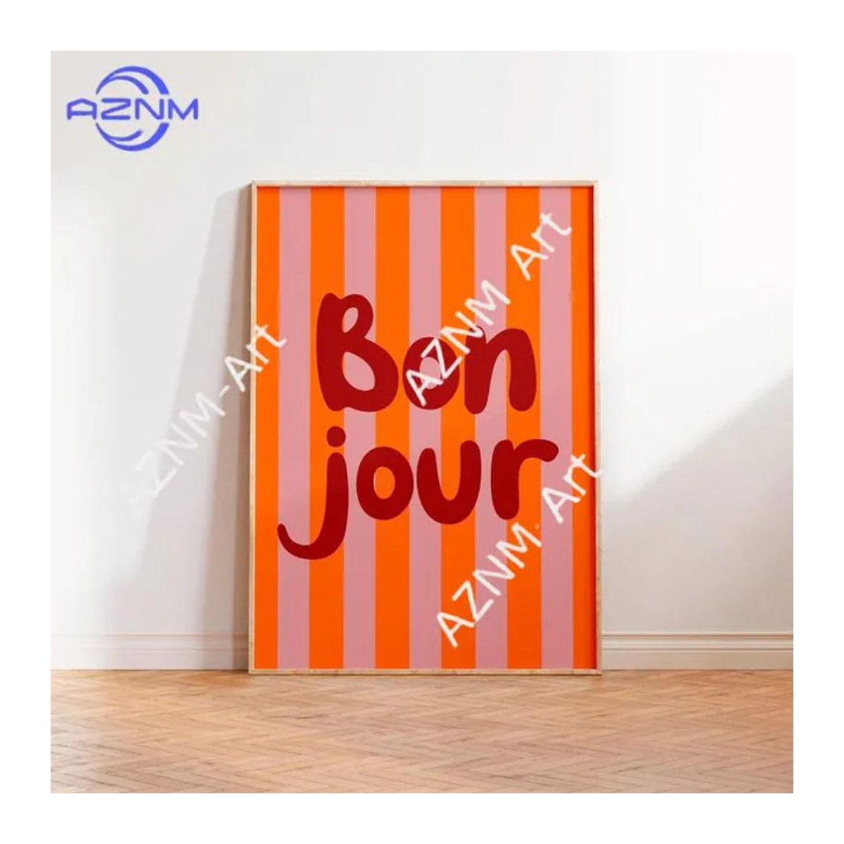 KAYOU Modernes Leinwand-Poster Hello Bonjour mit mehrfarbigem Streifenmuster und Typografie in Orange, Rahmenlos, Hochformat - Bild 1