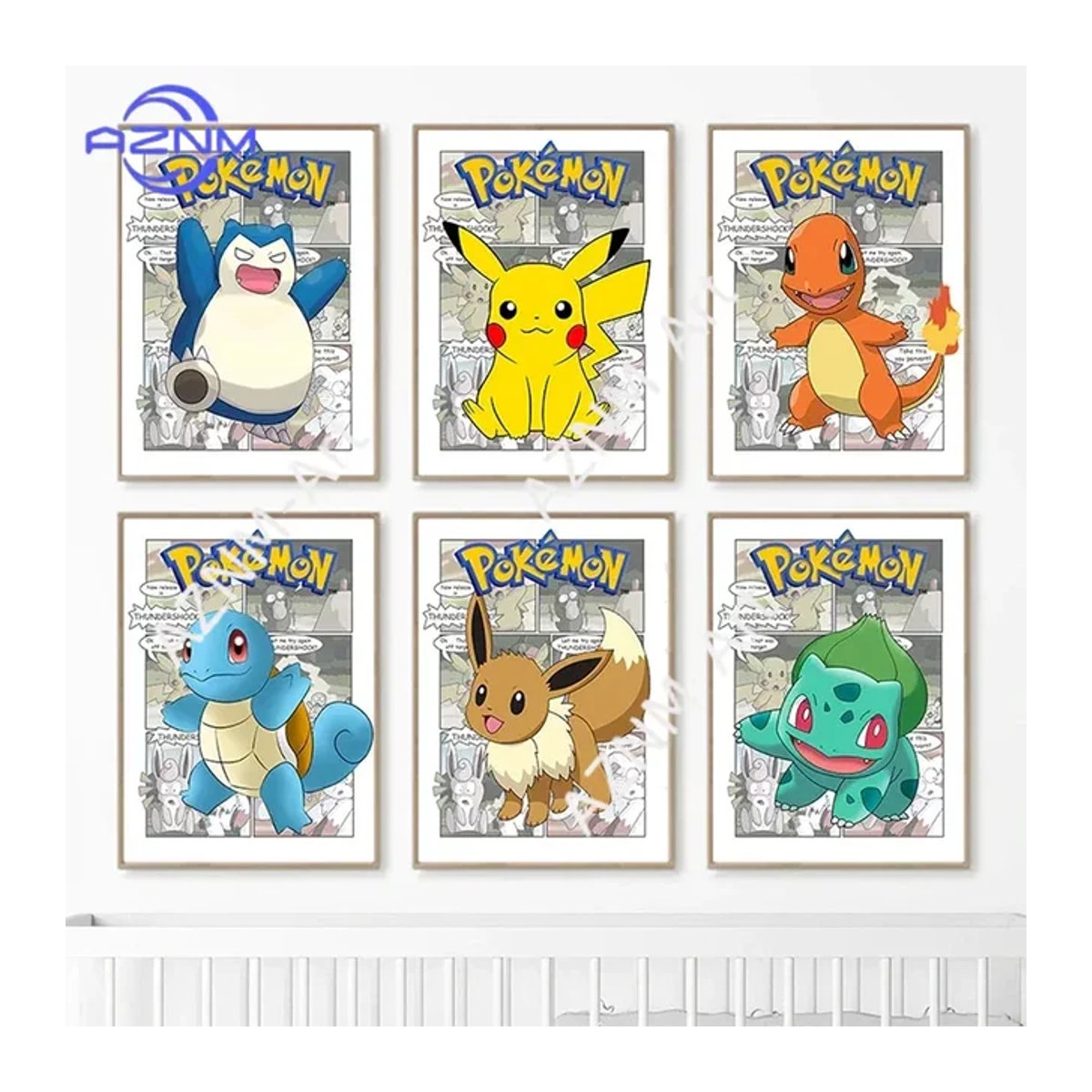 KAYOU Pokemon Retro Manga Wandkunst Poster-Set mit Pikachu, Charmander, Squirtle, Bulbasaur und Eevee in mehrfarbigem Design für deine Kinderzimmer-Dekoration - Bild 1