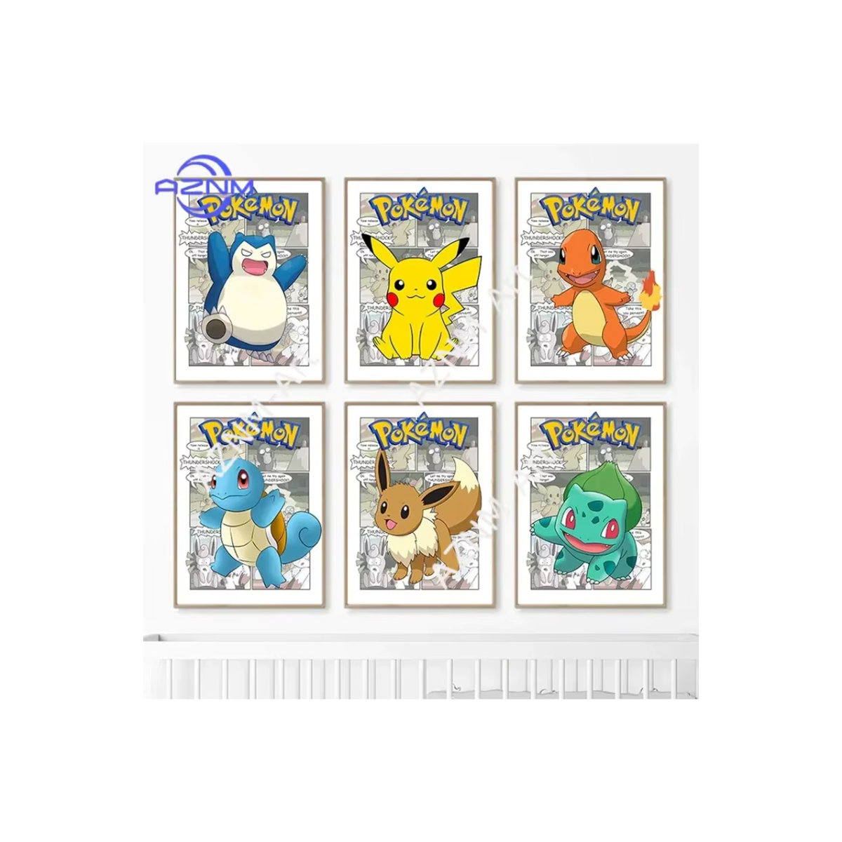 KAYOU Pokemon Retro Manga Wandkunst Poster-Set mit Pikachu, Charmander, Squirtle, Bulbasaur und Eevee in mehrfarbigem Design für deine Kinderzimmer-Dekoration - Bild 2