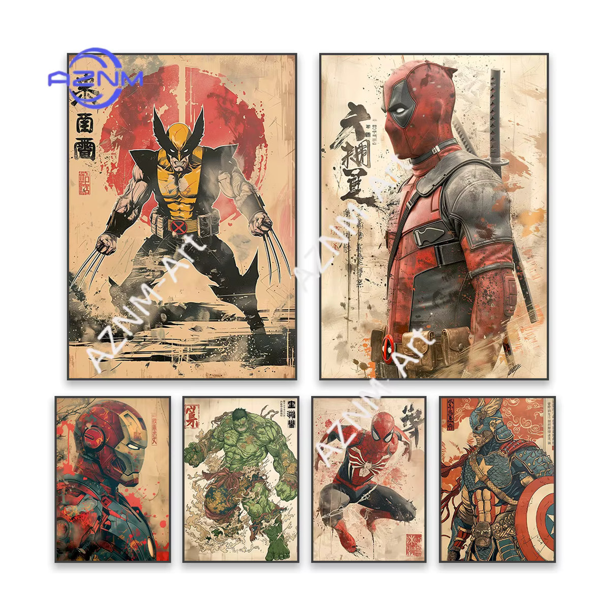 KAYOU Superheld Kunstposter Deadpool Wolverine Hulk Iron Man Spider-Man Leinwandgemälde im klassischen japanischen Stil, mehrfarbig, Hochformat, rahmenlos - Bild 3