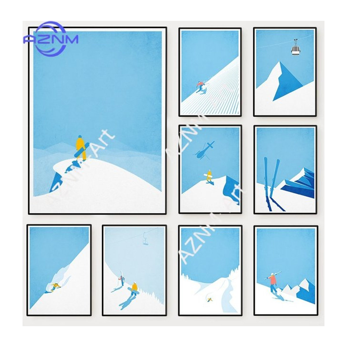 KAYOU Wintersport-Leinwandgemälde mit minimalistischer Berglandschaft in Blau, Querformat, Rahmenlos - Bild 1