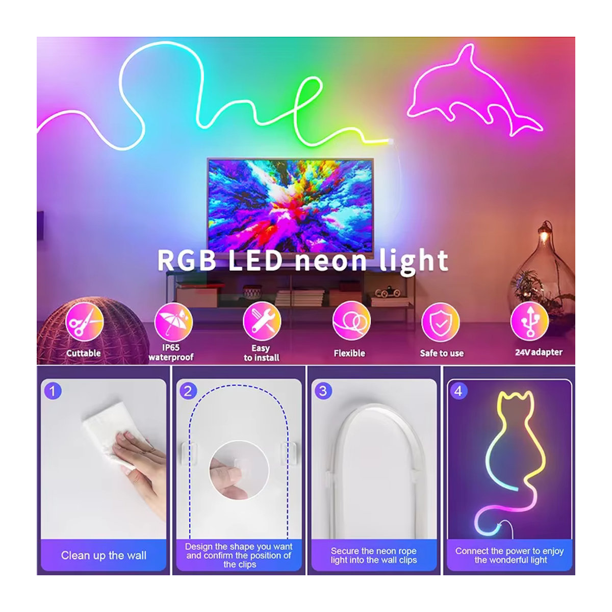 KcoiiFun RGBIC Neon-LED-Streifenlichter mit Bluetooth, Musik-Synchronisierung und Dreamcolor Chasing-Funktion, DC24V - Bild 2