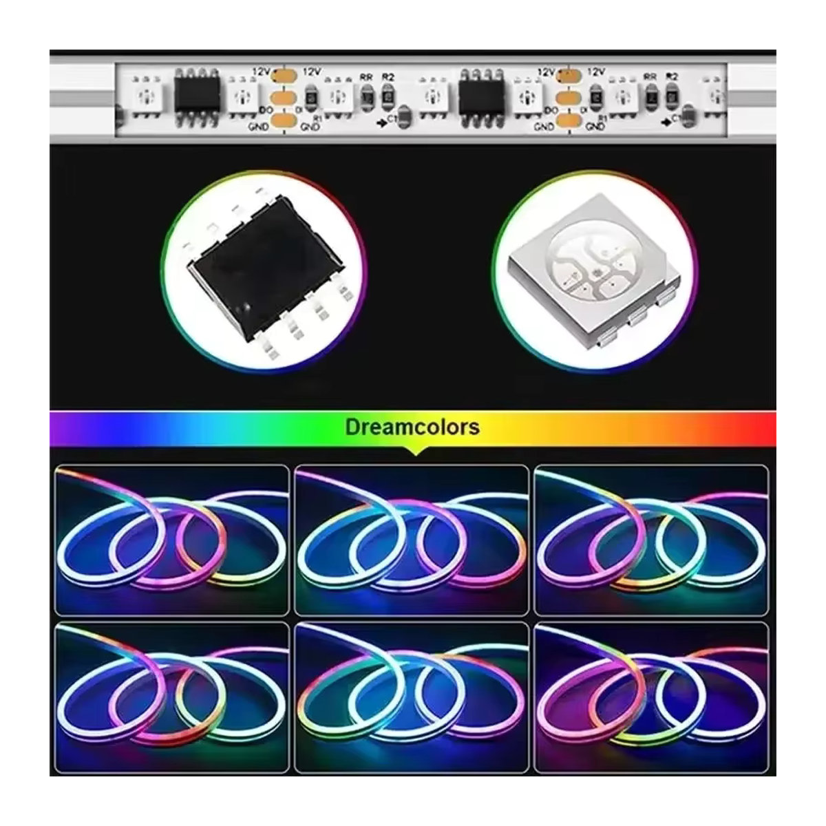KcoiiFun RGBIC Neon-LED-Streifenlichter mit Bluetooth, Musik-Synchronisierung und Dreamcolor Chasing-Funktion, DC24V - Bild 4