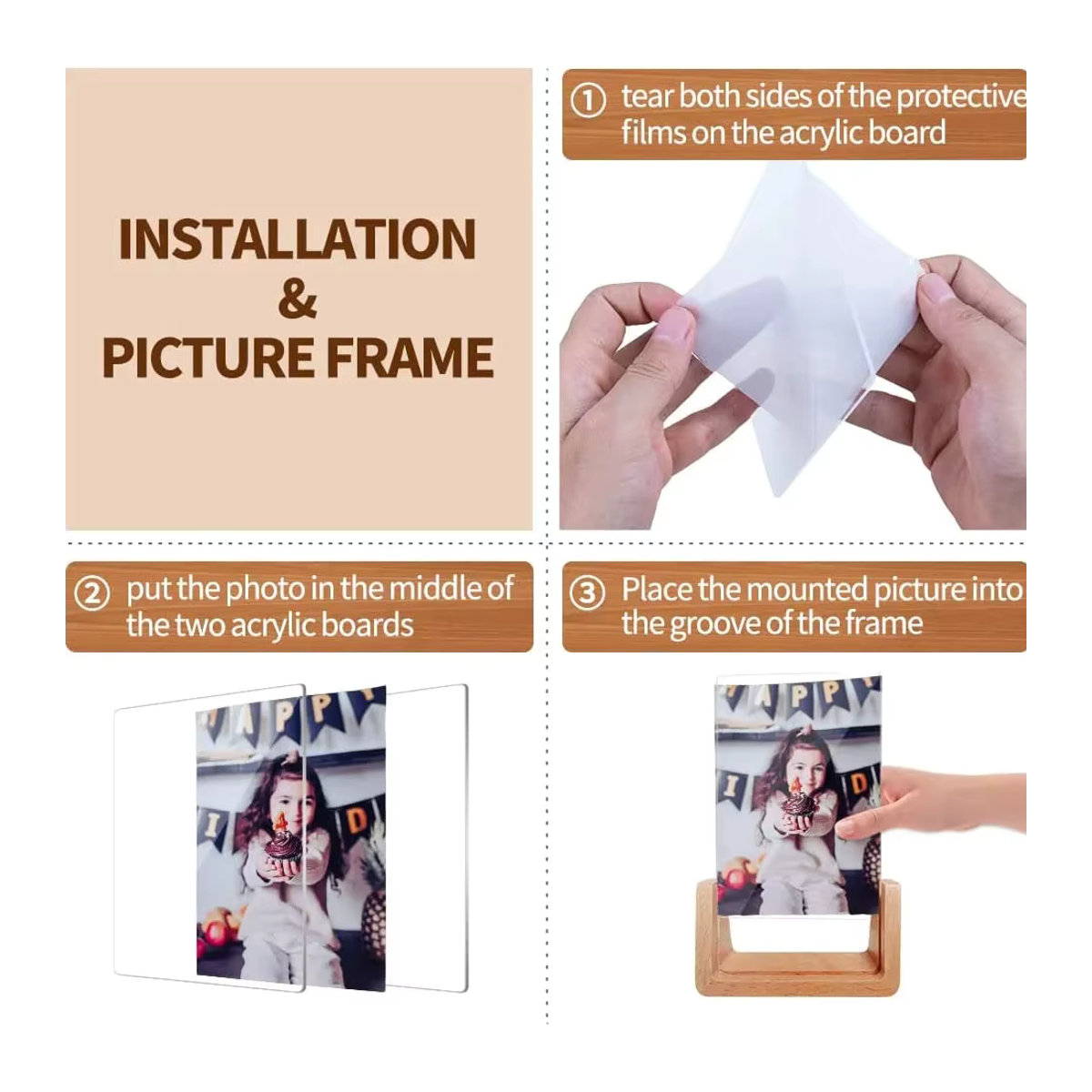 KEANG Fotorahmen aus Holz und Acryl in skandinavischem Design, transparent und braun, rechteckig für 7 Zoll Fotos - Bild 3