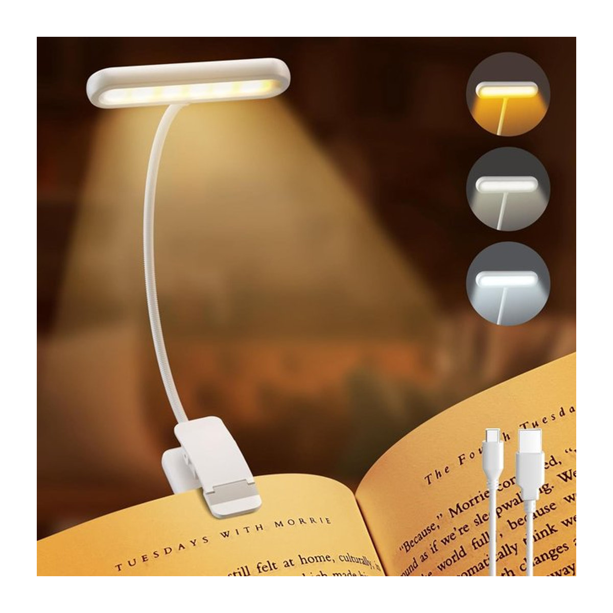 KEBINCPLED LED Leseleuchte Weiß – Tragbare USB-aufladbare Buchlampe mit warmweißem, kaltweißem und Tageslicht-Modus für minimalistisches Lesen - Bild 1