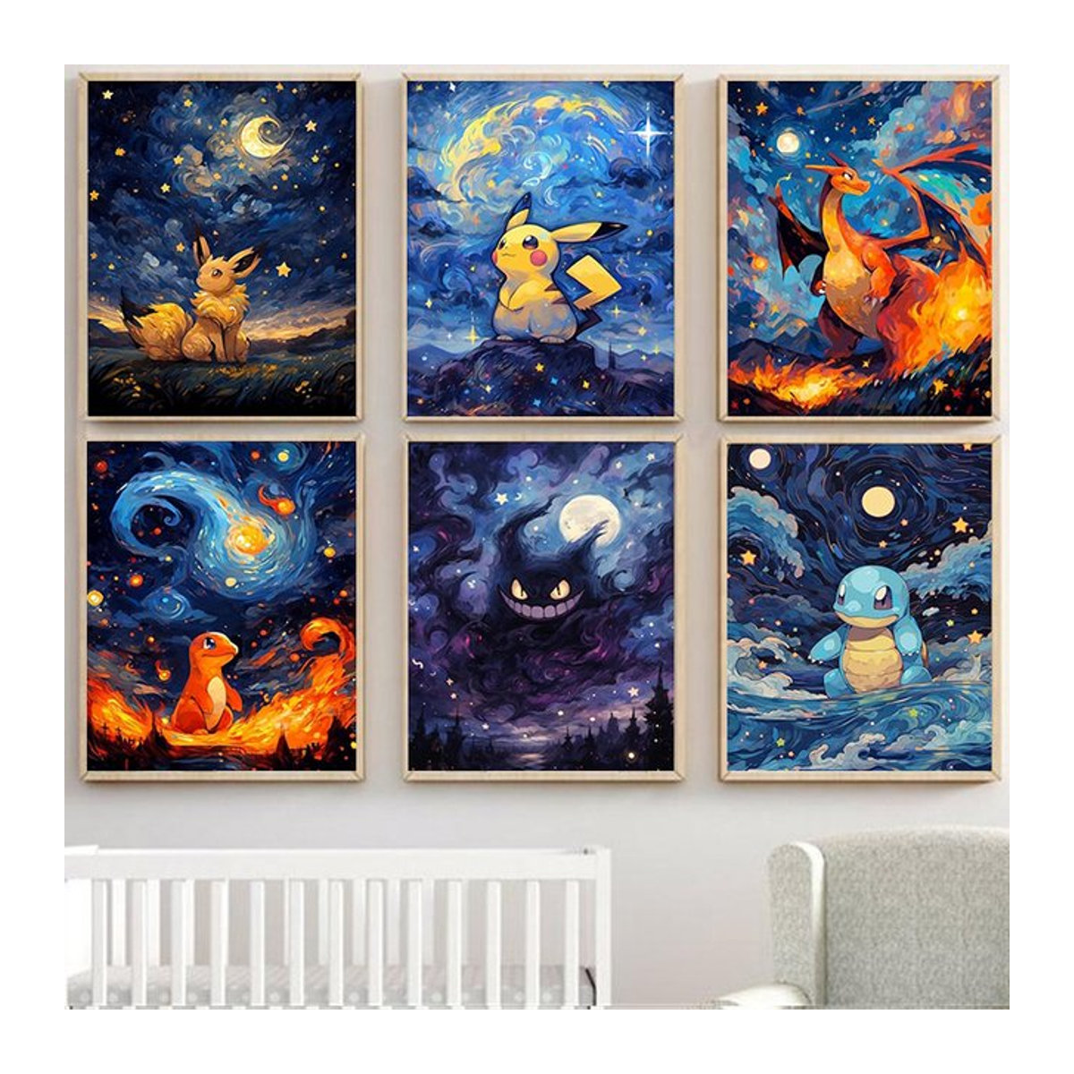 Keeppley Pokemon Leinwand Wandbild mit Charizard, Pikachu, Gengar, Eevee und Squirtle in Mehrfarbig, Rechteckiges Hochformat für Kinder - Bild 1