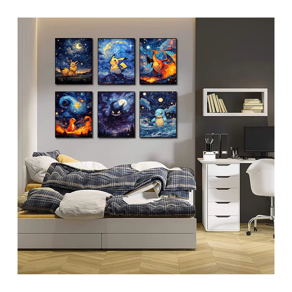 Keeppley Pokemon Leinwand Wandbild mit Charizard, Pikachu, Gengar, Eevee und Squirtle in Mehrfarbig, Rechteckiges Hochformat für Kinder - Bild 2