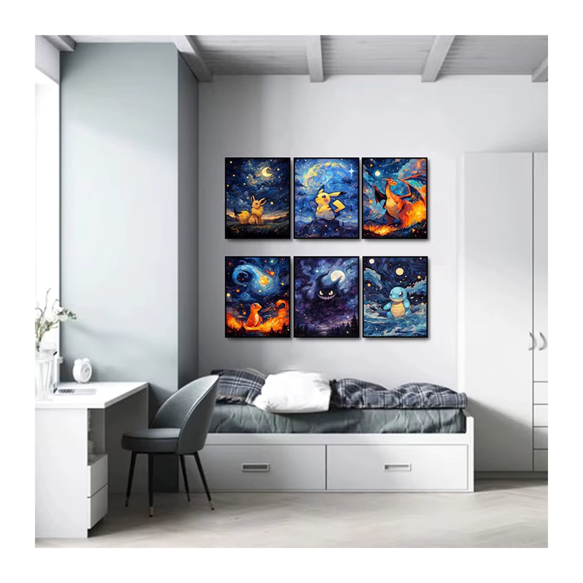 Keeppley Pokemon Leinwand Wandbild mit Charizard, Pikachu, Gengar, Eevee und Squirtle in Mehrfarbig, Rechteckiges Hochformat für Kinder - Bild 4