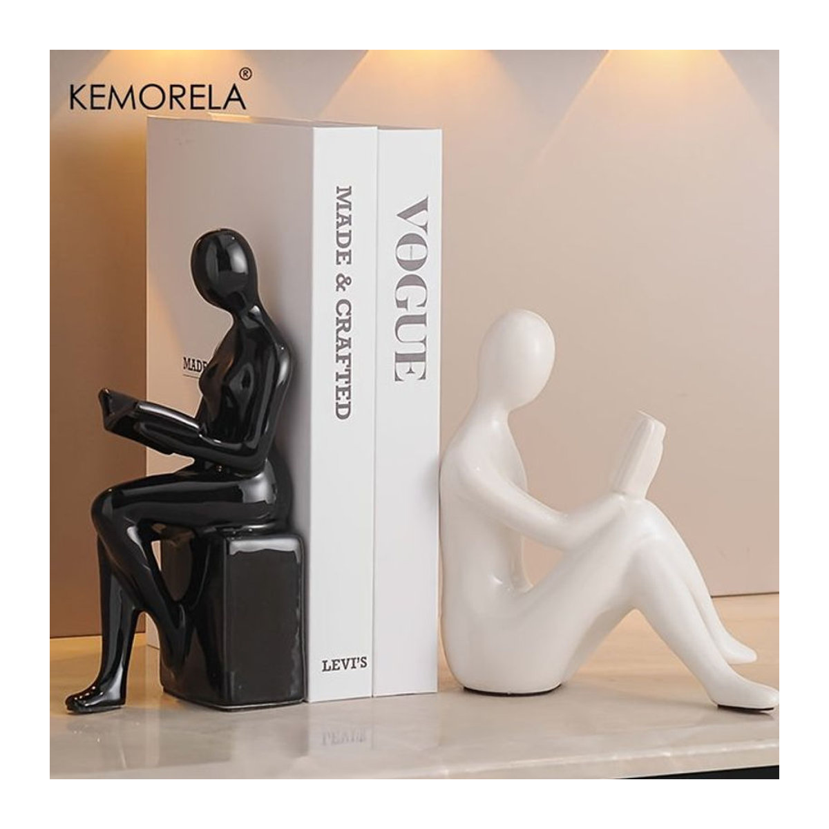 KEMORELA 2er-Set Keramik-Figuren Buch lesende Person in Schwarz und Weiß zur minimalistischen Dekoration für Wohnzimmer, Büro oder Regal - Bild 1