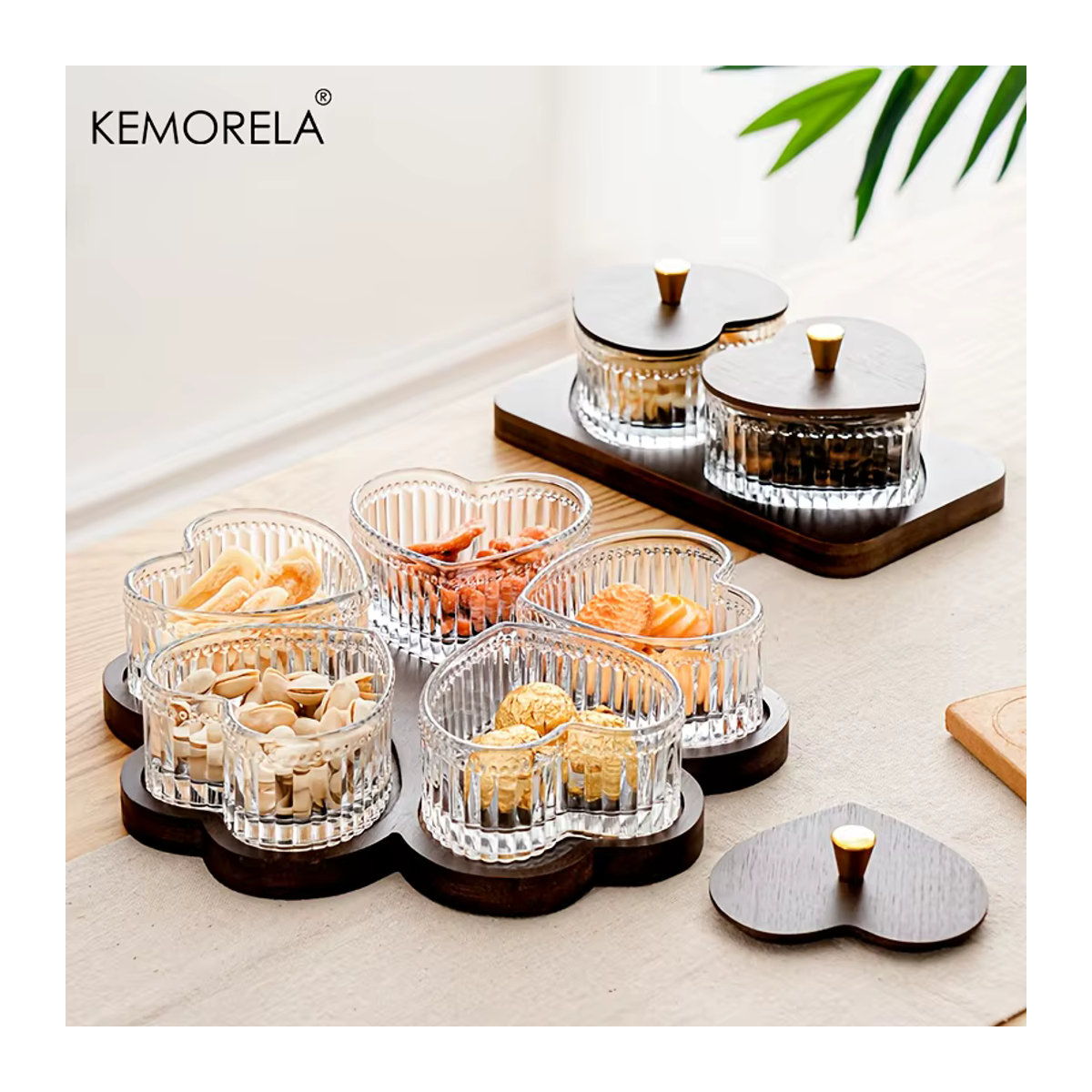 KEMORELA Herzförmige Glasschüssel mit Holzfuß in Transparent und Braun als Obstteller und Dessertschale - Bild 3