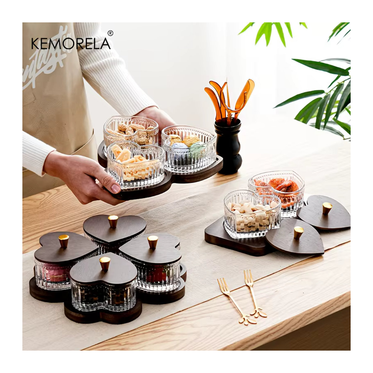 KEMORELA Herzförmige Glasschüssel mit Holzfuß in Transparent und Braun als Obstteller und Dessertschale - Bild 4