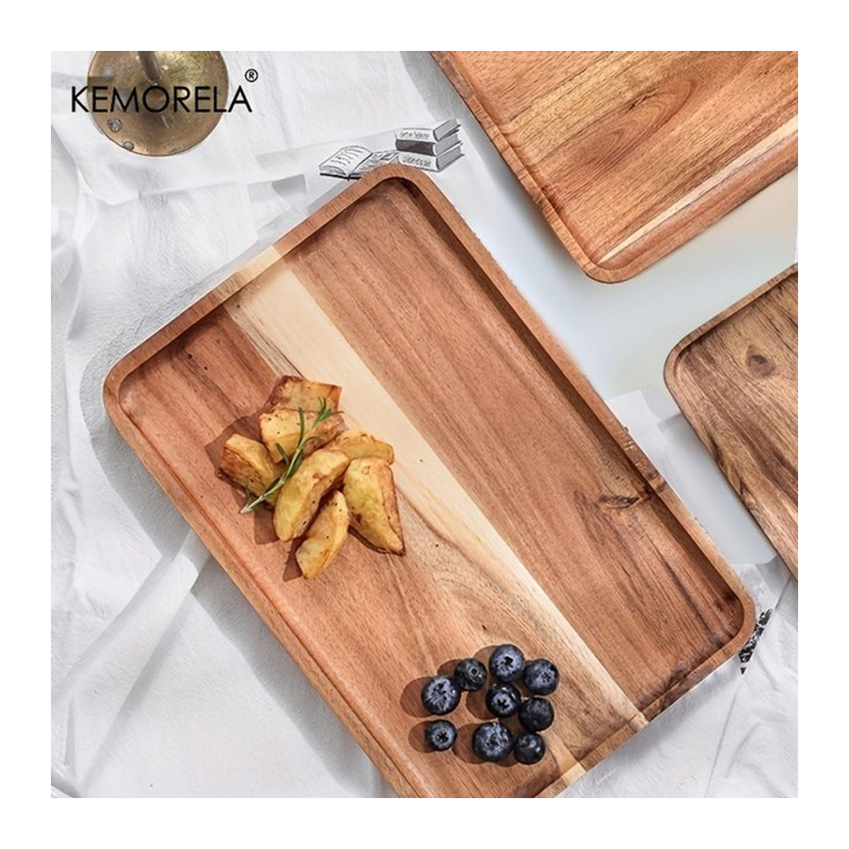 KEMORELA Kaffeetablett aus Akazienholz in Braun, rechteckiges Holztablett für Dessert und Tee - Bild 1