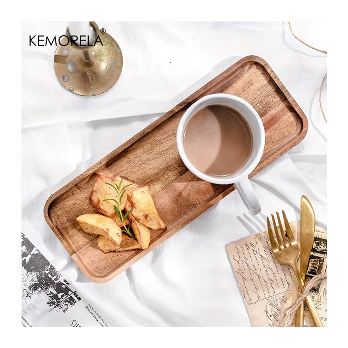 KEMORELA Kaffeetablett aus Akazienholz in Braun, rechteckiges Holztablett für Dessert und Tee - Bild 2