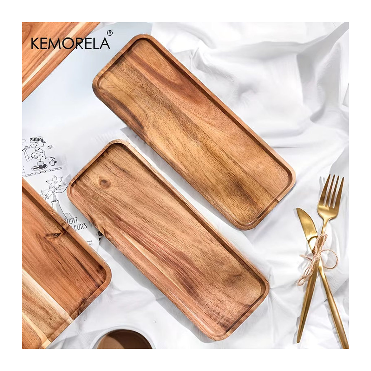KEMORELA Kaffeetablett aus Akazienholz in Braun, rechteckiges Holztablett für Dessert und Tee - Bild 3