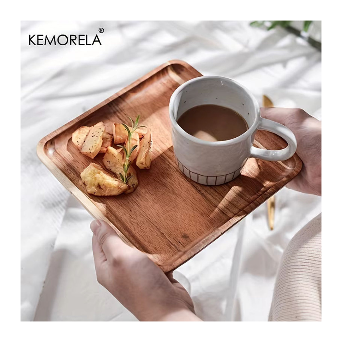 KEMORELA Kaffeetablett aus Akazienholz in Braun, rechteckiges Holztablett für Dessert und Tee - Bild 4