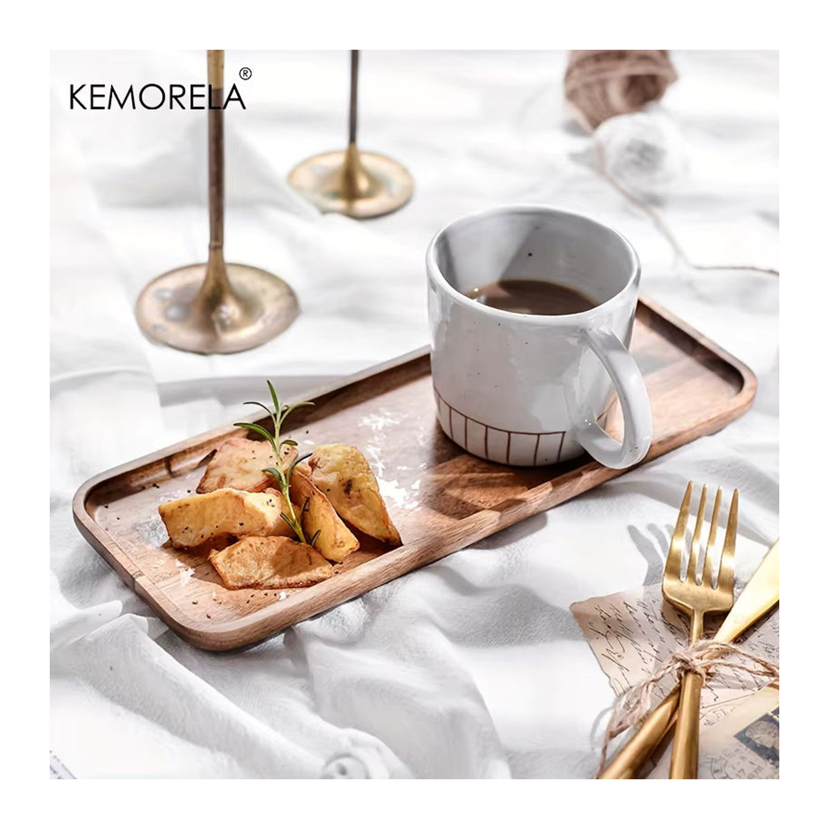 KEMORELA Kaffeetablett aus Akazienholz in Braun, rechteckiges Holztablett für Dessert und Tee - Bild 5