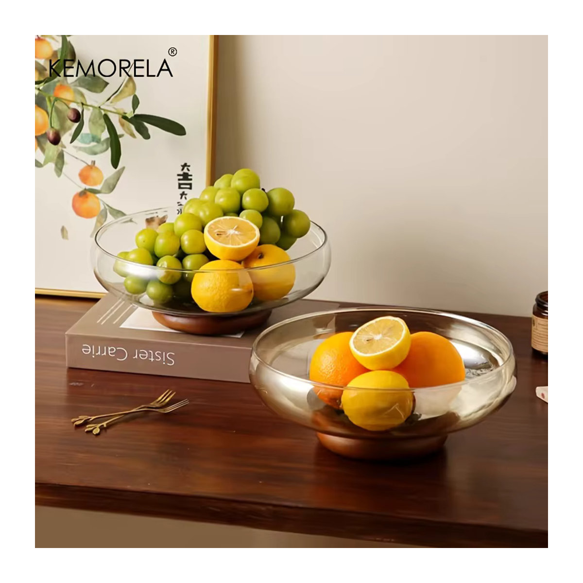 KEMORELA Obstschale aus Glas in Transparent und Braun, rundes Design mit Fuß für Snacks und Salate - Bild 3