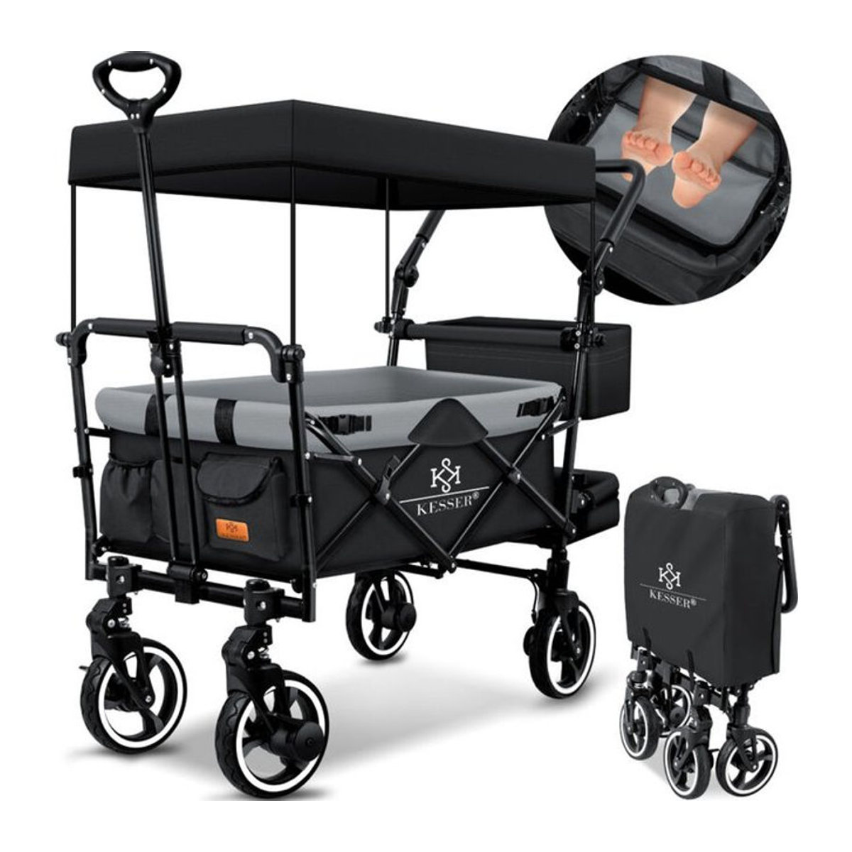 Kesser Bollerwagen GTS-9100 Faltbar mit Dach, Hartgummi-Rädern und Feststellbremsen, Schwarz/Grau - Bild 1