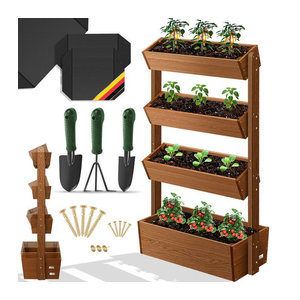KESSER Hochbeet mit Etagen aus Holz als Premium Blumenkasten und Pflanztreppe in Braun und Natur inkl. Gartenvlies für Terrasse Balkon und Garten