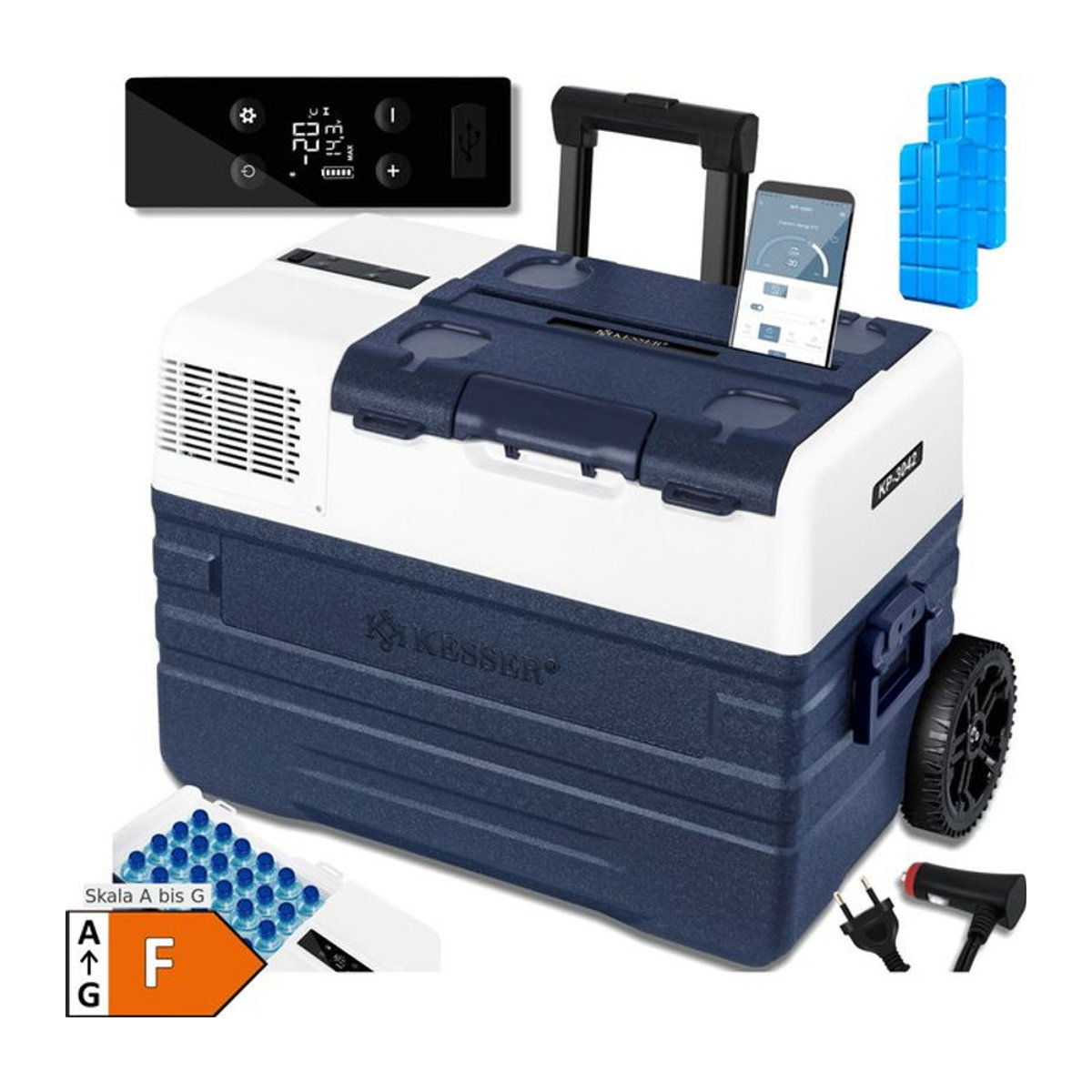 KESSER Kompressor Kühlbox und Gefrierbox mit APP-Steuerung, USB-Anschluss, 12/24 V 230 V und Teleskopstange mit Rädern, Blau - Bild 2